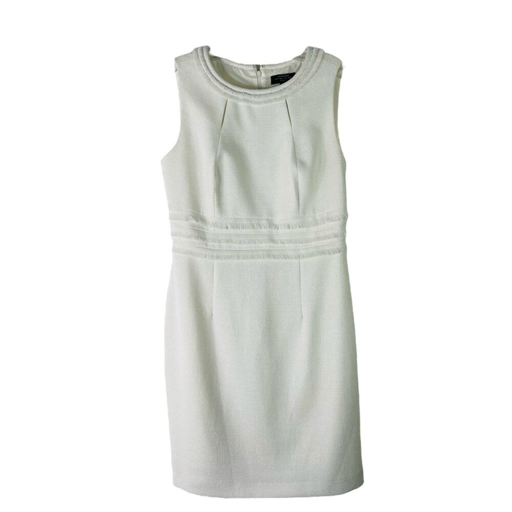 Tahari white pearl fringe cut out wedding evening office midi dress 6P
